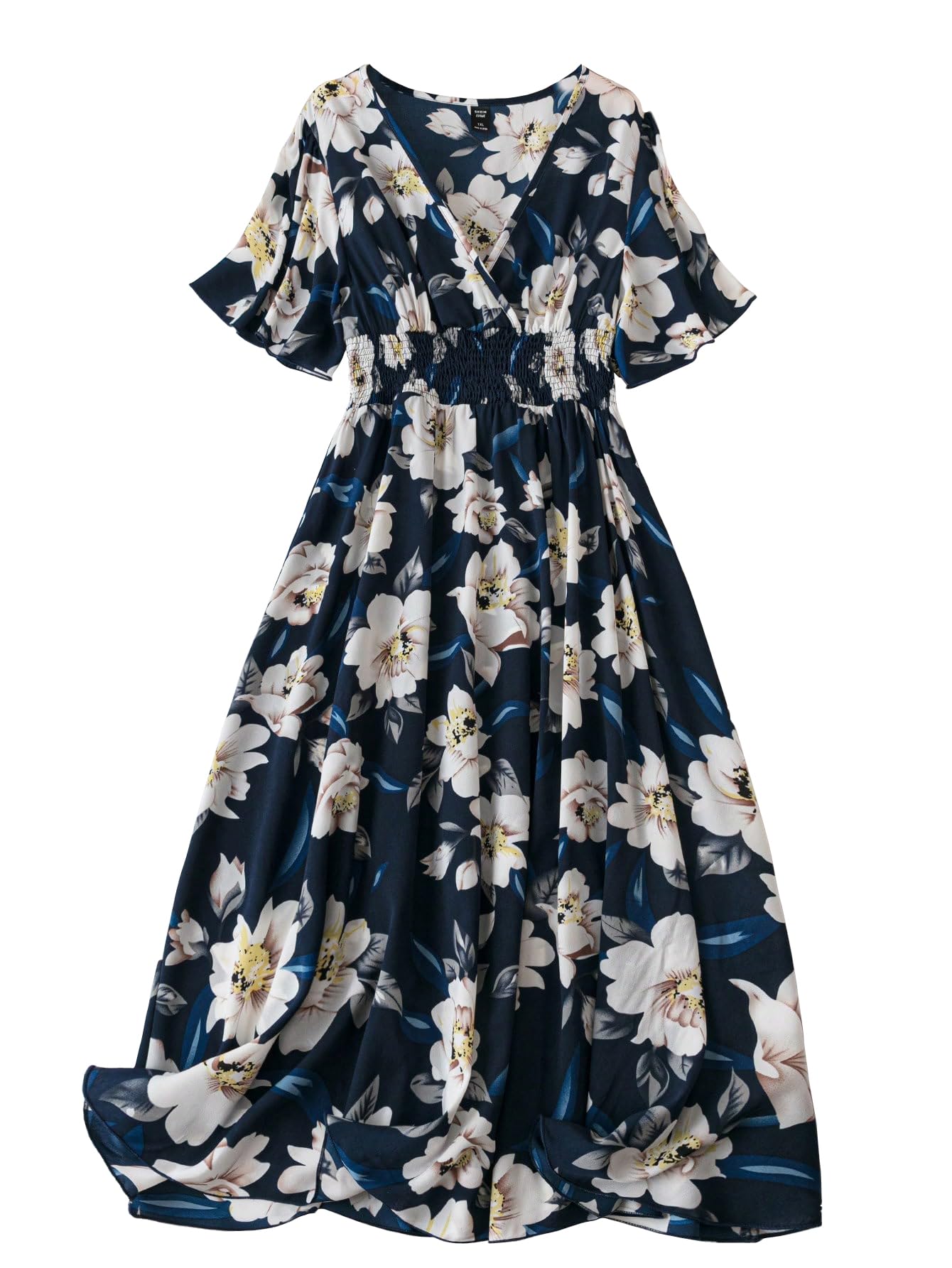 Shasmi Womens & Girls N Blue Floral Print V-Neck Waist-Cinched Dress for Women Midi | One Piece Dress for Women | Beach Dress fo