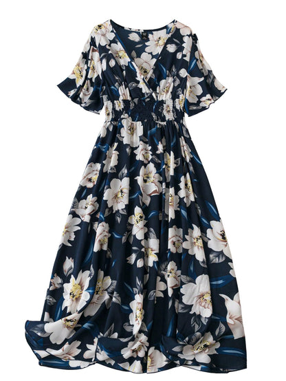 Shasmi Womens & Girls N Blue Floral Print V-Neck Waist-Cinched Dress for Women Midi | One Piece Dress for Women | Beach Dress fo