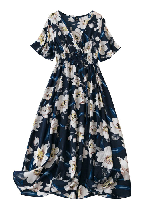 Shasmi Womens & Girls N Blue Floral Print V-Neck Waist-Cinched Dress for Women Midi | One Piece Dress for Women | Beach Dress fo