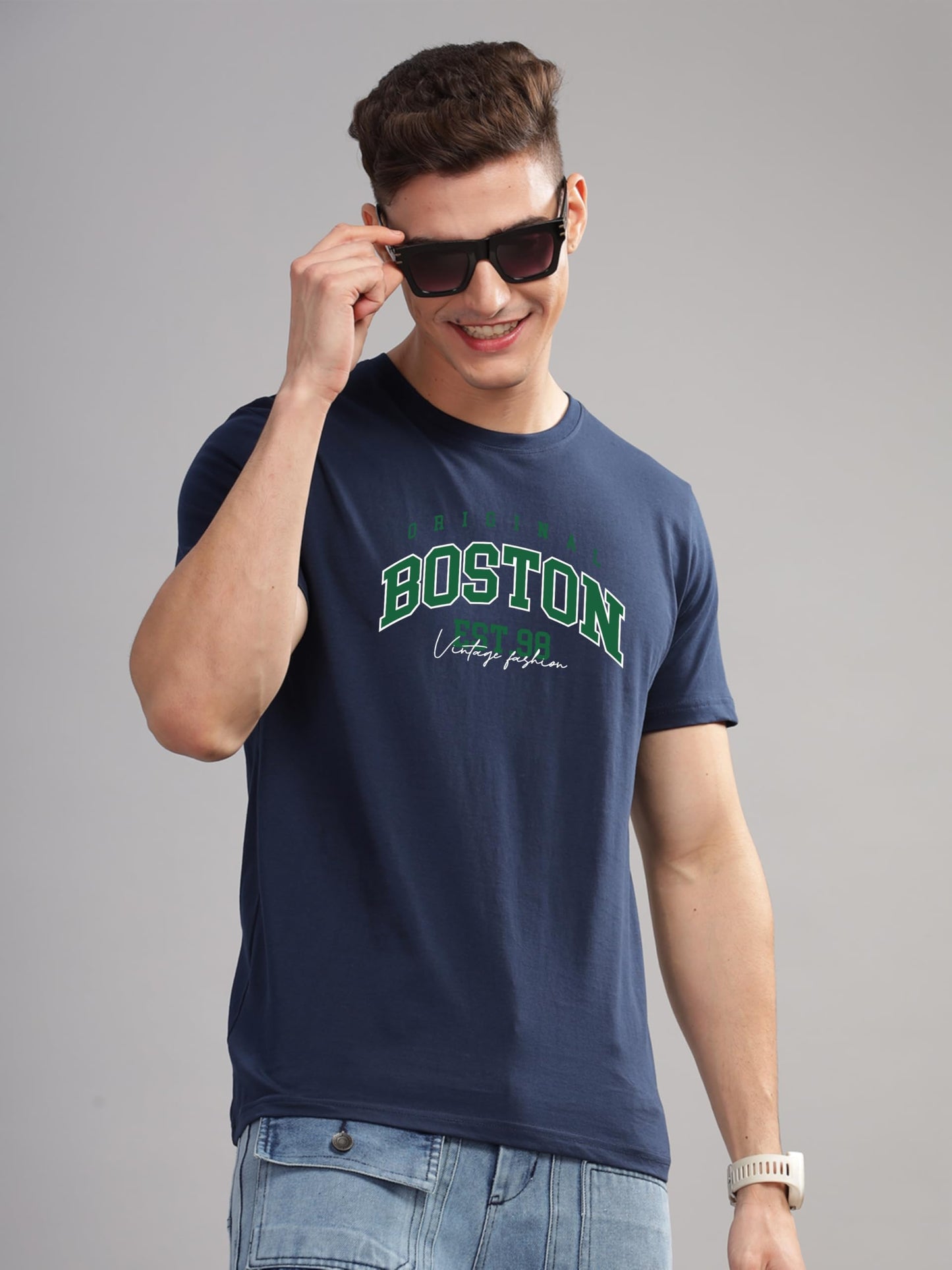 ADRO Mens Printed T Shirt - Premium Cotton Graphic Printed Tshirt - Navy Blue T-Shirt - RN24-BOST-NB