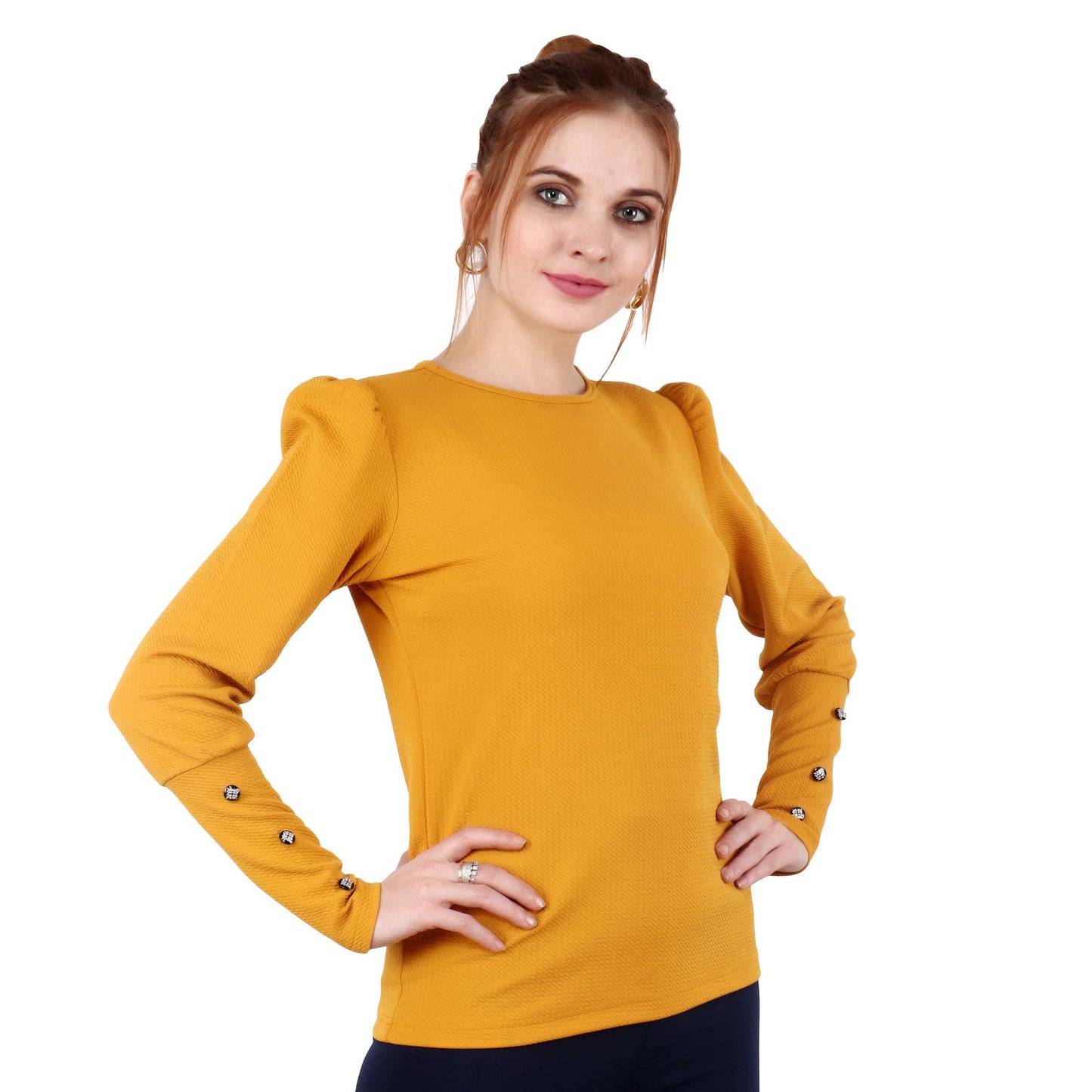 POPWINGS Casual Solid Puff Button Long Sleeves Regular Fit Tops for Women || Summer Round Neck and Stylish Western Mustard Top f