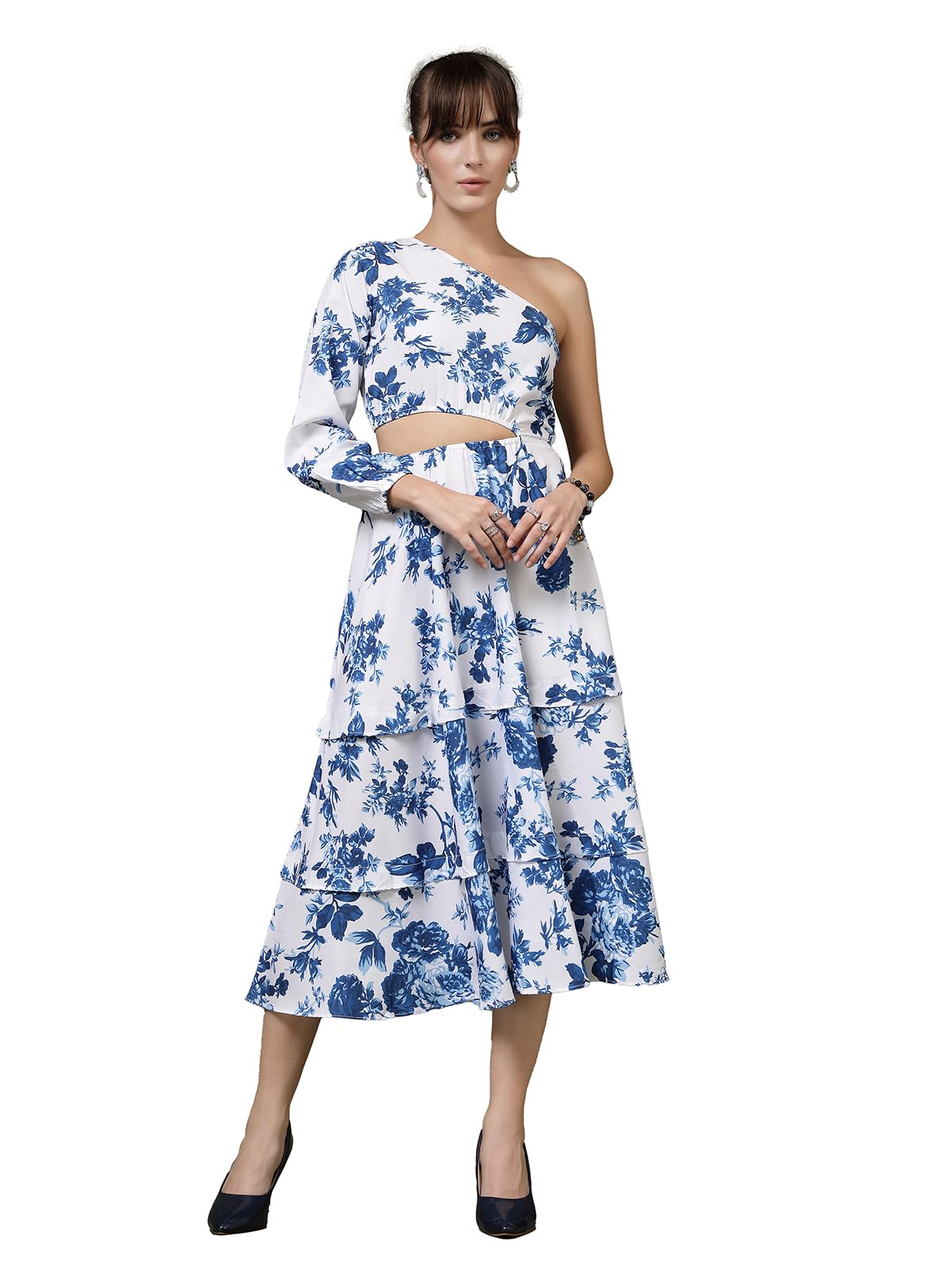 Oomph! WomenS Western & Fusion Wear Printed Crepe Dress For Women, One Shoulder, White - Md1071
