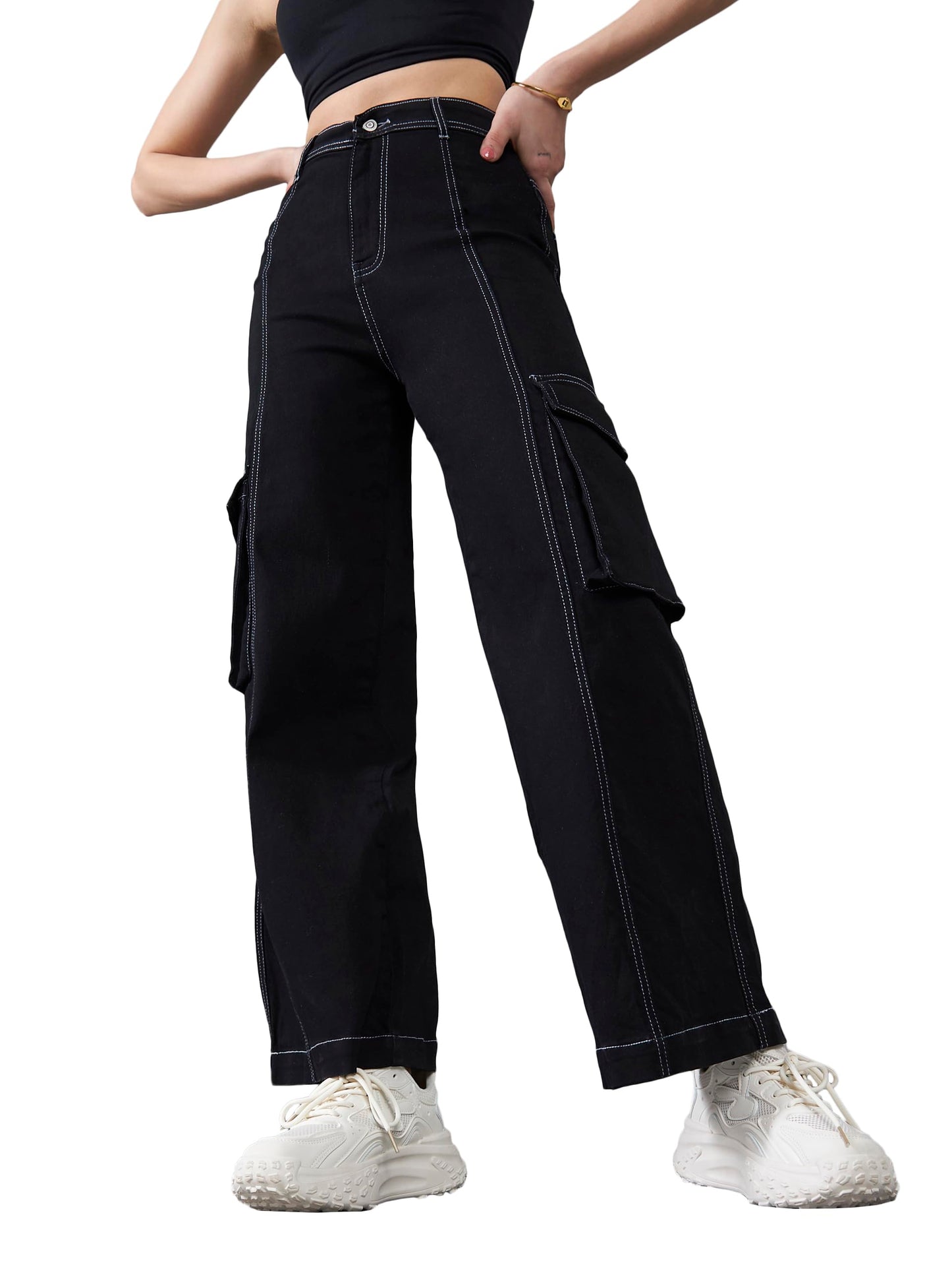 Dolce Crudo WomenS Wide Leg High Rise Clean Look Regular Length Stretchable Patch Pocketed Denim Jeans (Doss24Den68-98-62-30, Bl