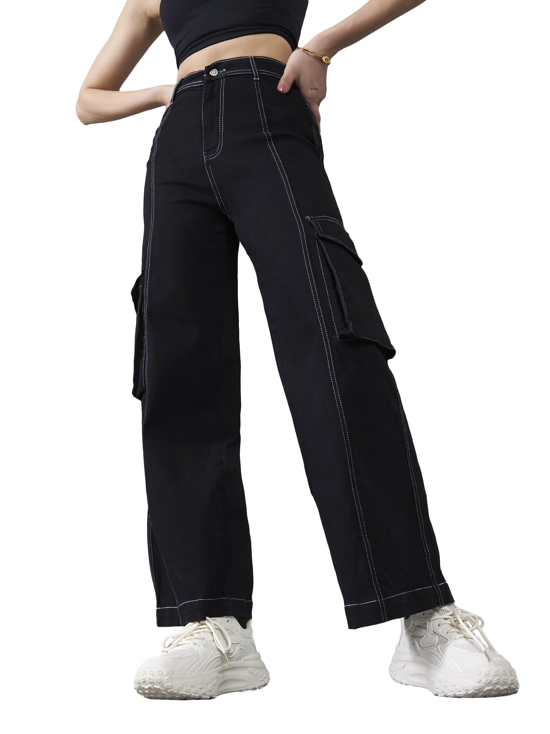 Dolce Crudo WomenS Wide Leg High Rise Clean Look Regular Length Stretchable Patch Pocketed Denim Jeans (Doss24Den68-98-62-30, Bl