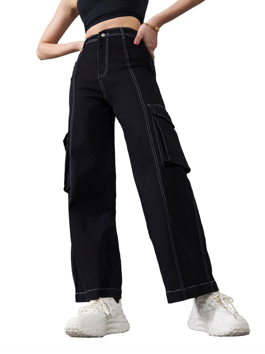 Dolce Crudo WomenS Wide Leg High Rise Clean Look Regular Length Stretchable Patch Pocketed Denim Jeans (Doss24Den68-98-62-30, Bl