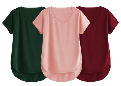 Fabricorn Combo Of Three Plain Maroon, Bottle Green And Dusty Rose V-Neck Up And Down Cotton Tshirt For Women (Maroon, Bottle Gr