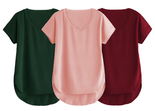 Fabricorn Combo Of Three Plain Maroon, Bottle Green And Dusty Rose V-Neck Up And Down Cotton Tshirt For Women (Maroon, Bottle Gr