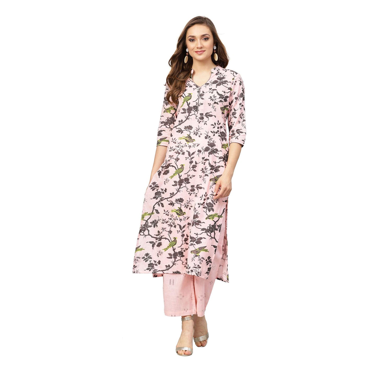 Idalia Womens Ethnic Wear Baby Pink And Grey Printed Straight Cotton Kurta With Palazzo Set For Women Fashion