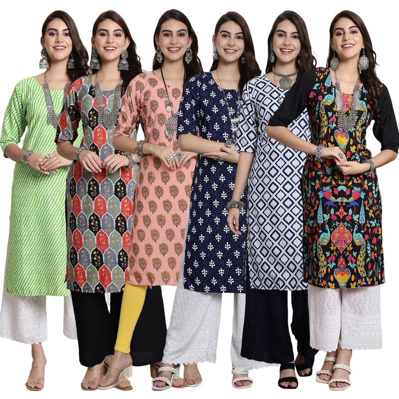 Pinkmint Crepe Kurti For Women Fancy Printed Kurti Ll Ethnic Combo Ll Festival Wear (Pack Of 6)
