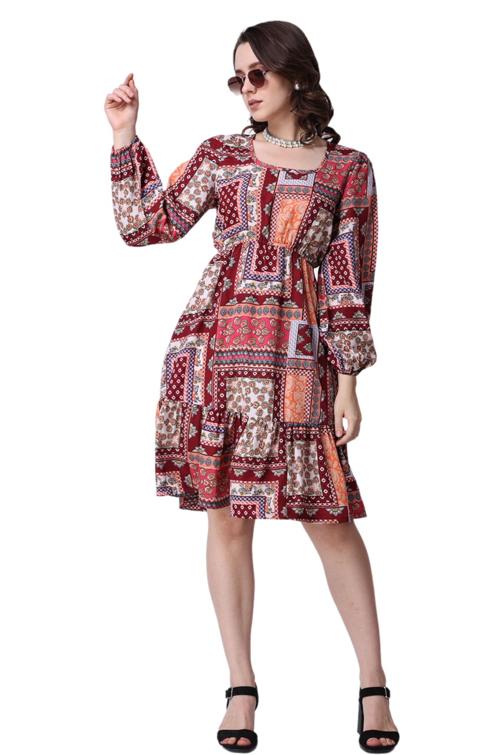 Popwings Women Casual Boho Printed Red Peplum Dress