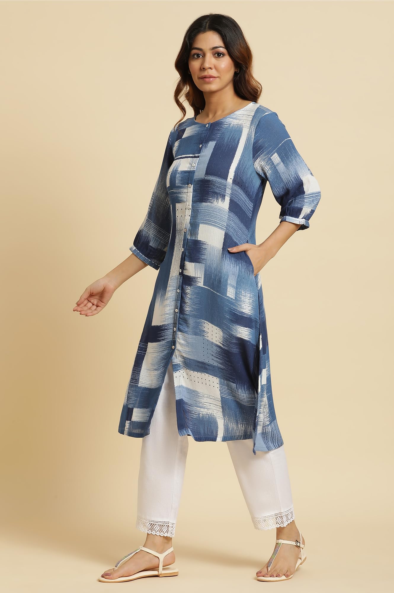 W For Woman Blue Abstract Regular Kurta with Kantha
