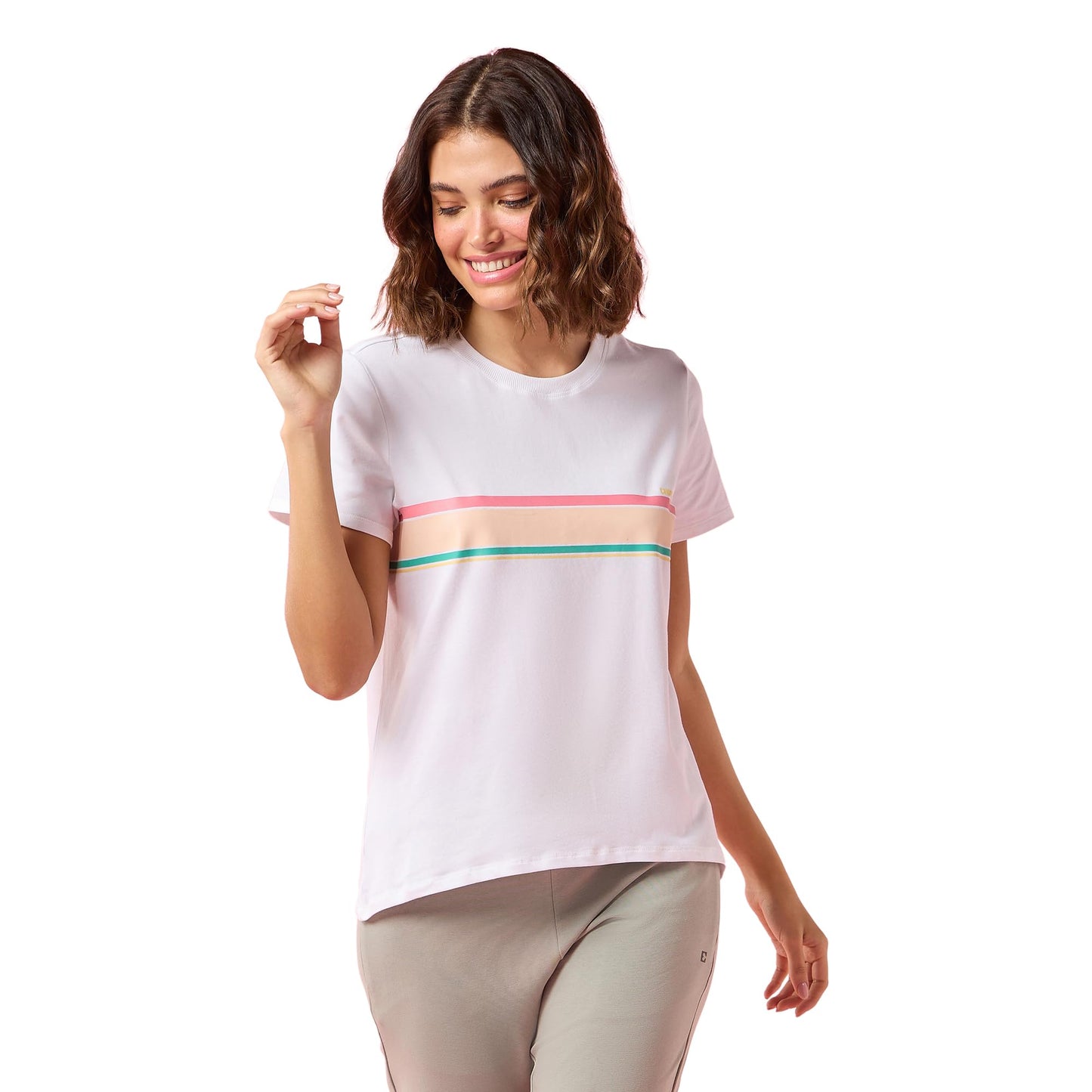 Enamor Womens Striped Relaxed Fit T-Shirt (E3S5_BRT White/Pool Blue Strips