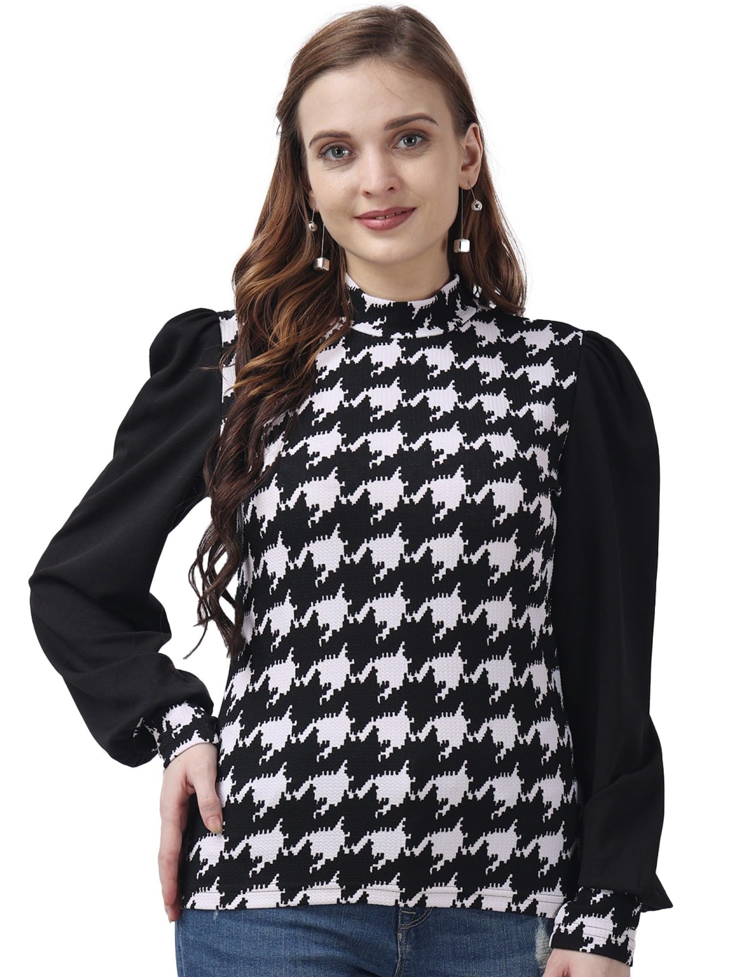 POPWINGS Casual Printed Solid Top for Women || Long Puff-Sleeves Women Top || Round-Neck Top for Women || Stylish Latest Western