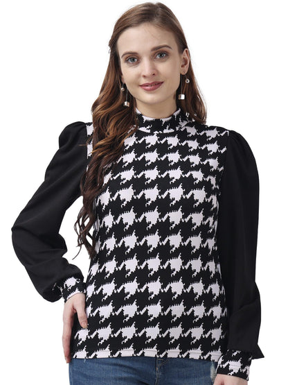 POPWINGS Casual Printed Solid Top for Women || Long Puff-Sleeves Women Top || Round-Neck Top for Women || Stylish Latest Western