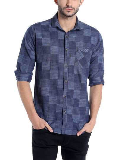 Campus Sutra Mens Navy Blue Checkered Button Up Shirt Regular Fit for Casual Wear | Structured Shirt Crafted with Regular Full