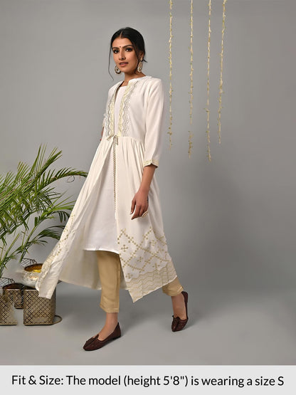 rangita Off White Rayon Calf Length Printed Double Layered Kurti for Women | Kurta for Women