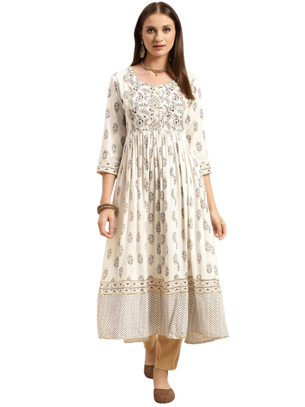 rangita Cream Rayon Calf Length Printed Anarkali Kurti for Women | Kurta for Women