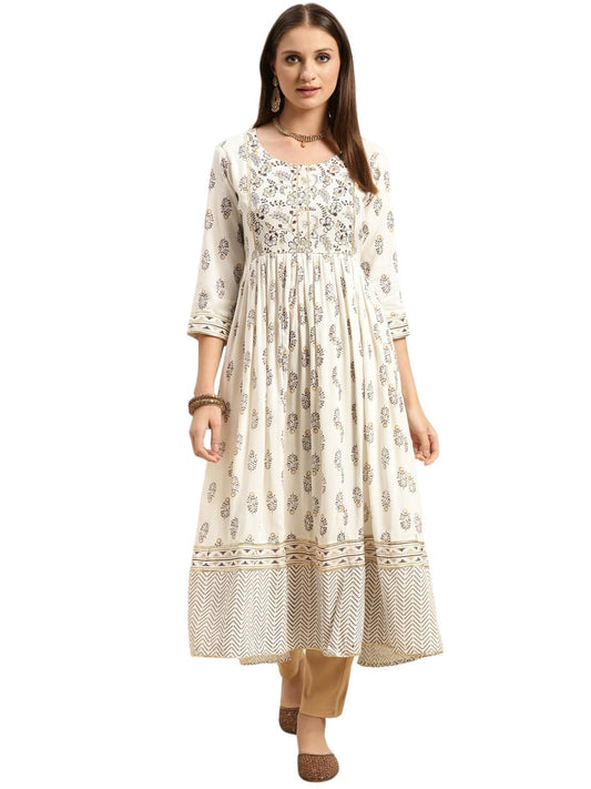 rangita Cream Rayon Calf Length Printed Anarkali Kurti for Women | Kurta for Women