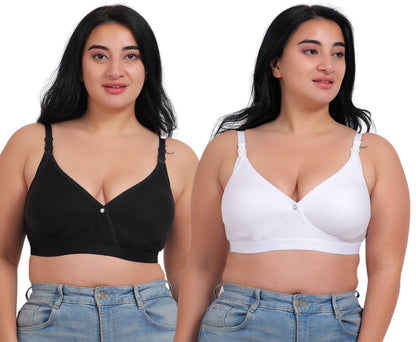 Fabme WomenS Cotton Wire Free Casual Nursing Bra (Pack Of 2) (Po2-Br_243_White, Black