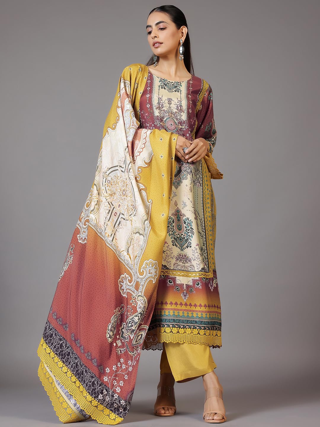 Libas Womens Printed Silk Blend Pakistani Kurta With Trousers And Dupatta