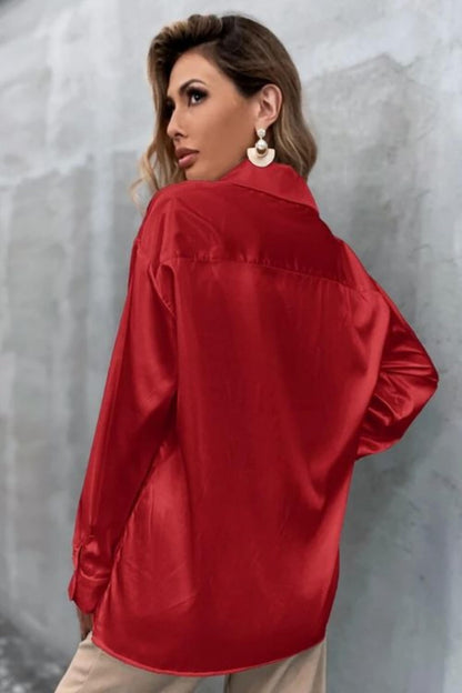 POPWINGS Women Polyester Solid Satin Shirt | Satin Shirts Stylish Western| Regular Fit and Full-Sleeves Casual and Semi-Formal S