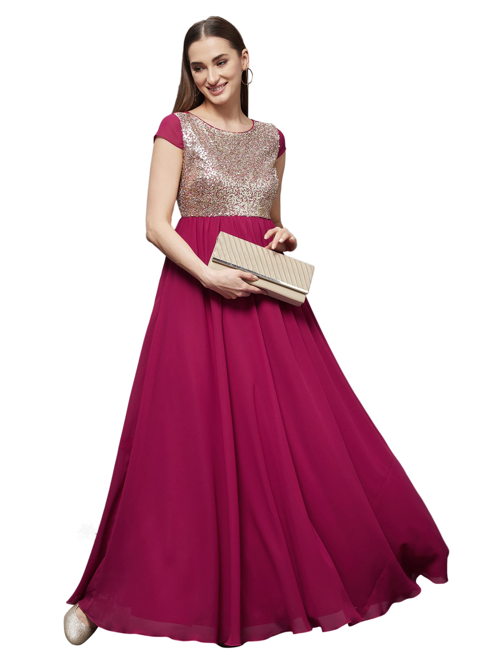 Miss Chase WomenS Pink & Golden Round Neck Cap Sleeve Embellished Fit & Flare Maxi Dress (Mcss22D06-44-257-06, Pink & Golden, Xl