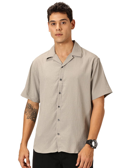 Thomas Scott Regular Fit Self Design Textured Cuban Collar Casual Shirt for Mens Grey
