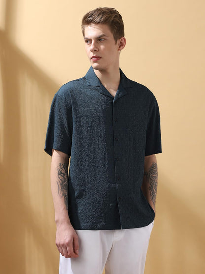 Dennis Lingo Men Relaxed Fit Blue Half Sleeves Polyester Casual Shirt