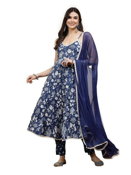 Stylum Women's Bandhej Printed Rayon Anarkali Kurta Pant Dupatta Set (KPDBLUEFALAK_Royal Blue)