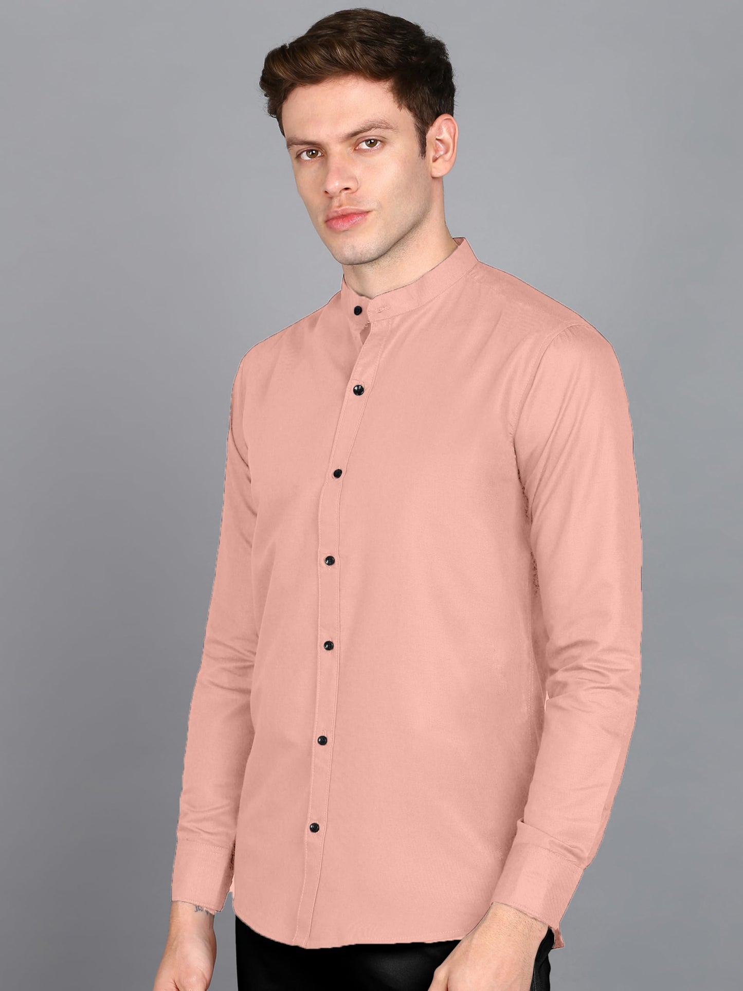 Mildin MenS Cotton Blend Solid Shirt With Mandarin Chinese Collar Full Sleeve Curved Hemline Button Closure Slim Fit | Shirt Fo