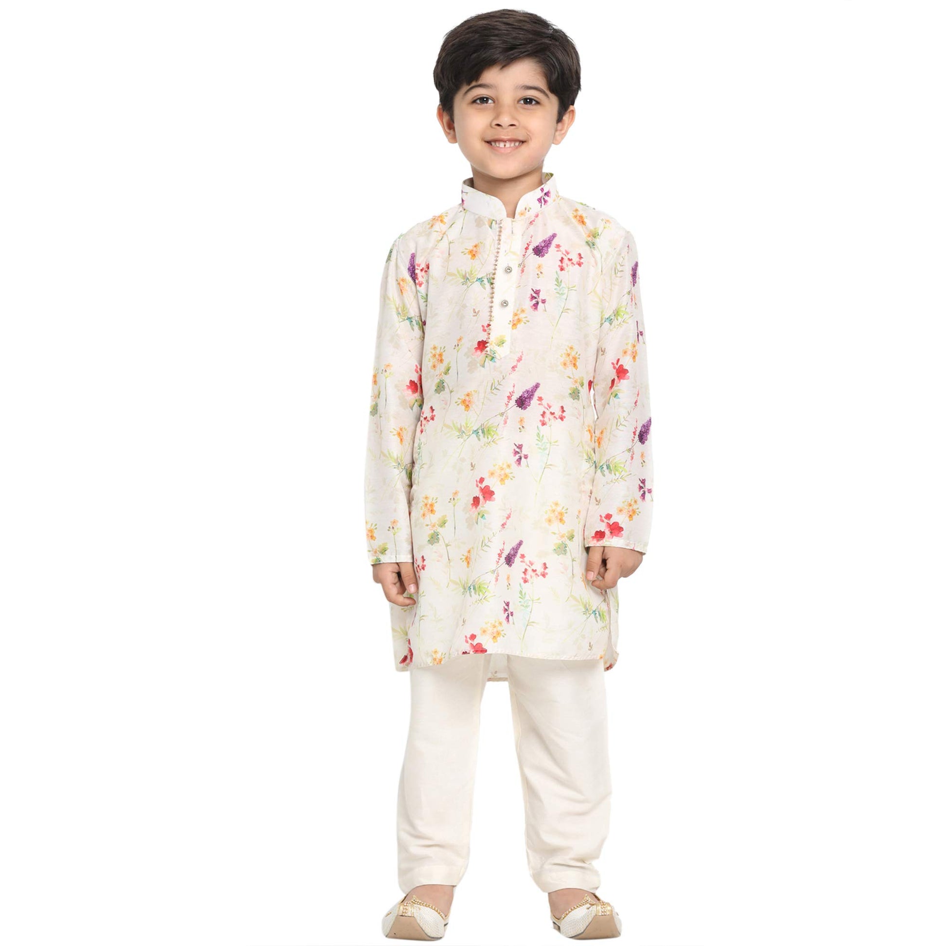 Vastramay Boys Perfect Spring Edit Floral Design Digitally Printed Kurta With Bling Buttons & Singara Border, Relaxed Pyjama Se