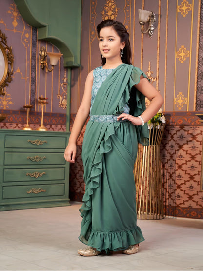 Aarika Girls Ethnic Wear Green Colour Sequin Embroidery Georgette Lehenga Choli Set With Attached Dupatta-4-13 Years (LCH-SHM-50