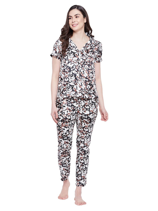 Clovia Womens Printed Button Down Shirt & Pyjama Set (NS0597F13_Black_S)