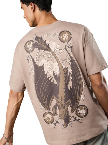 The Souled Store HTTYD: Lets Fly Men and Boys Short Sleeves Round Neck Beige Graphic Printed Cotton Breathable Lightweight All-