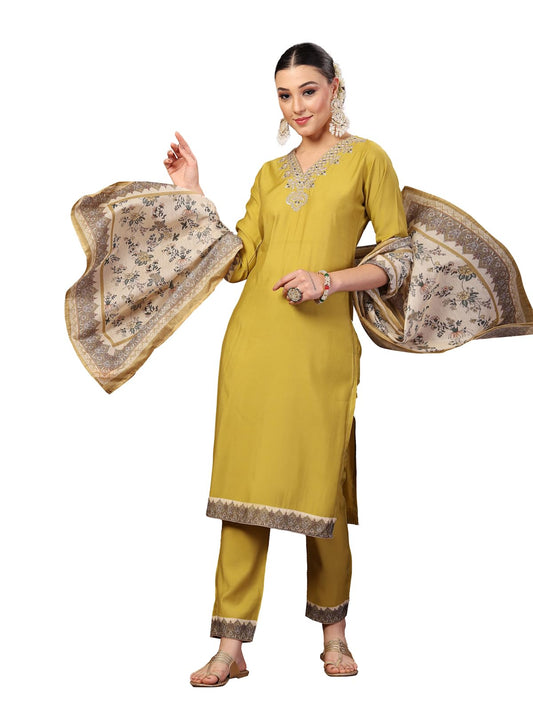 Stylum WomenS Mustard Solid & Embroidered Silk Straight Kurta Pant Dupatta Set