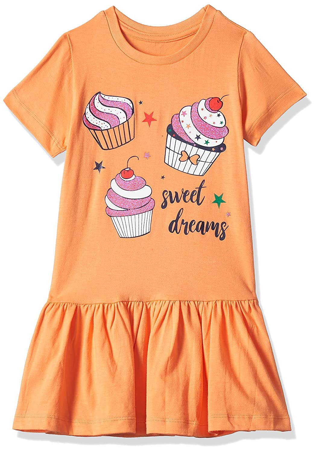 T2F Girls Cotton Printed Regular Fit Casual Dress Light Orange