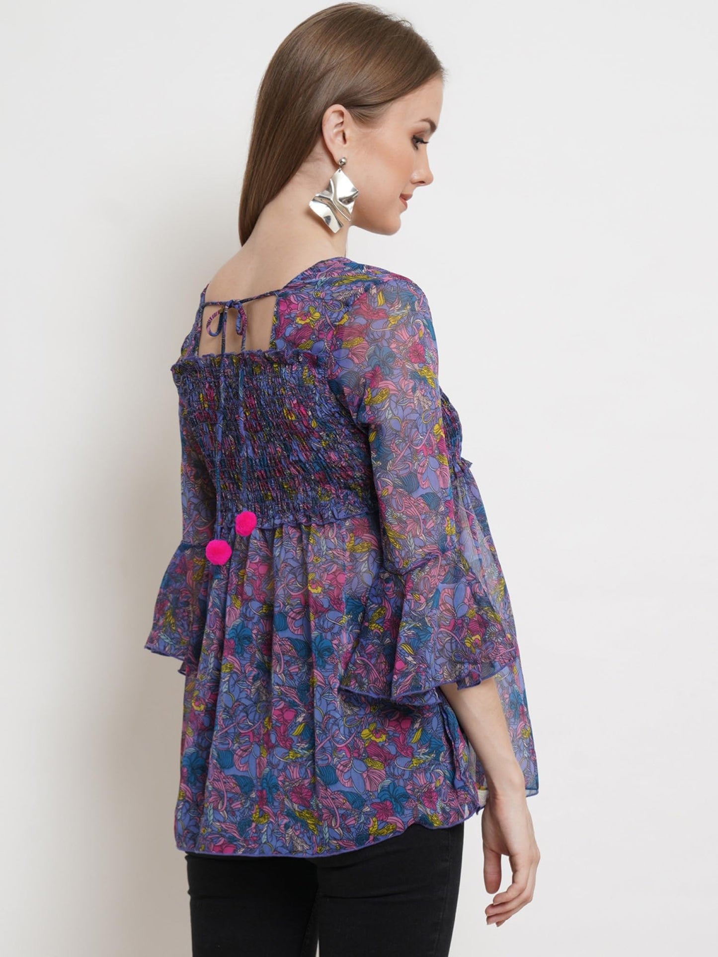 POPWINGS Printed Chiffon Peplum Tops for Women || 3/4th Sleeves Square Neck Women Tops for Summer || Stylish Western Smocking Wo