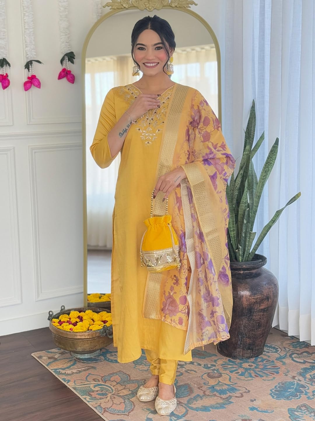 Naixa WomenS Mustard Chanderi Embroidered Straight Kurta With Chanderi Pant And Jacquard Printed Dupatta Sets (Nx-Or-K96-Mustar