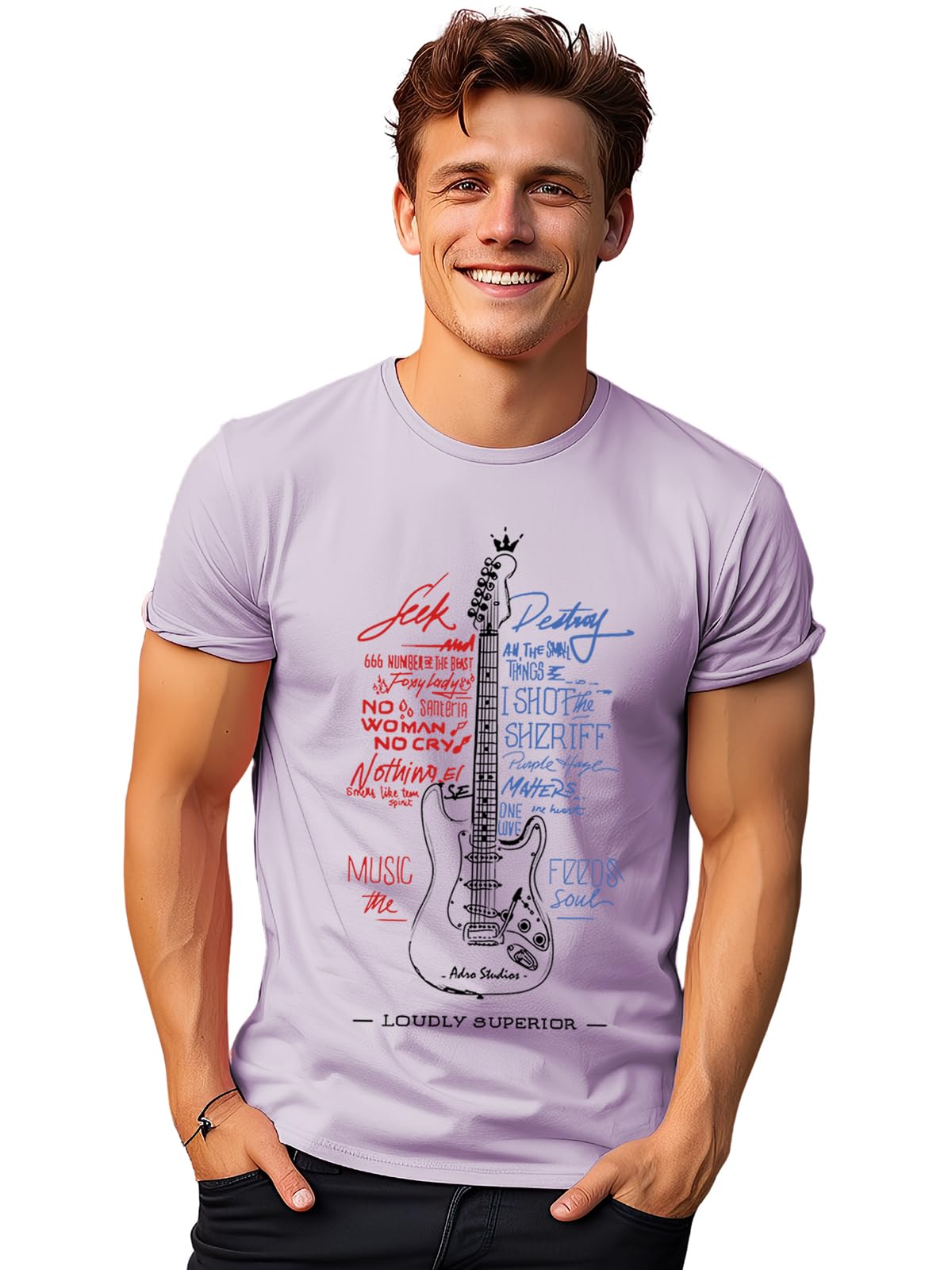 ADRO Guitar Design Printed T-Shirt for Men - 100% Cotton, Regular Fit, Soft Breathable Fabric | RN23-M-GTR-PU