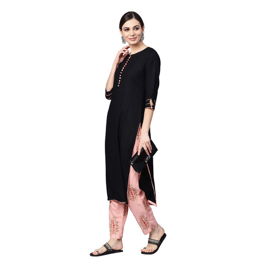 Idalia Black Rayon Kurta With Pink Printed Pants
