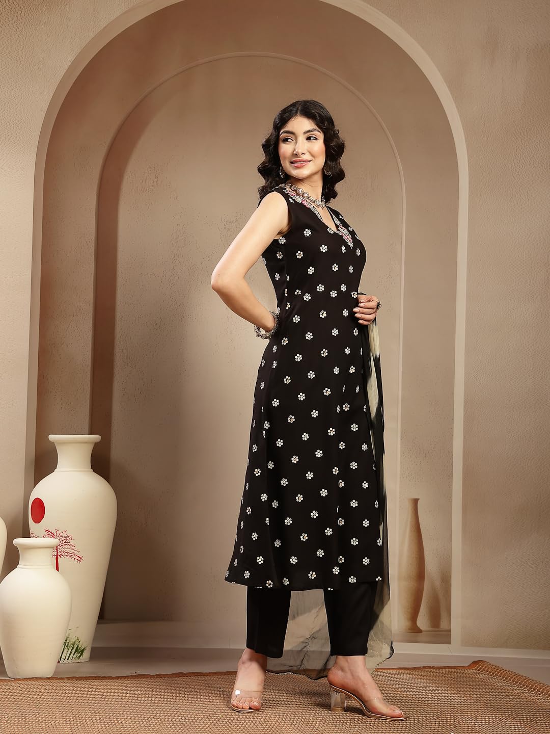 Stylum Womens Floral Printed & Embroidered Rayon A-Line Kurta With Dupatta