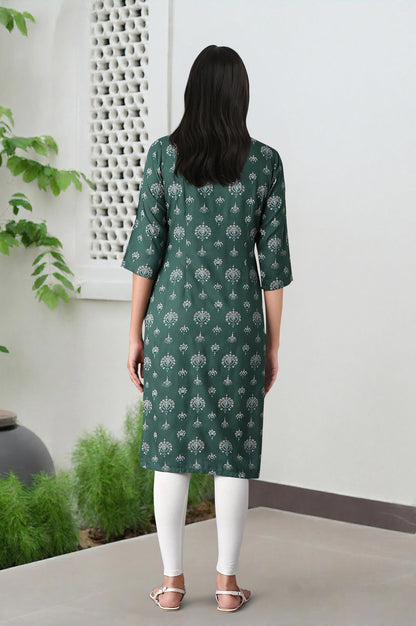 W Green Floral Printed Regular Kurta For Women