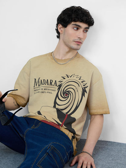 The Souled Store Naruto Shippuden: Madaras Disguise Men and Boys Short Sleeves Round Neck Beige Graphic Printed Cotton Oversized