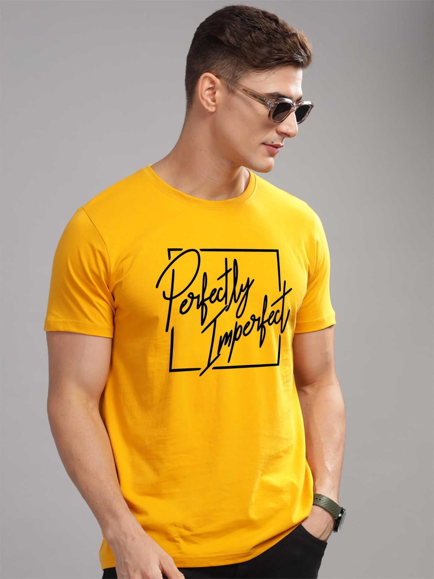 ADRO Mens Printed T Shirt - Premium Cotton Graphic Printed Tshirt - Mustard T-Shirt - RN24-FECT-MU