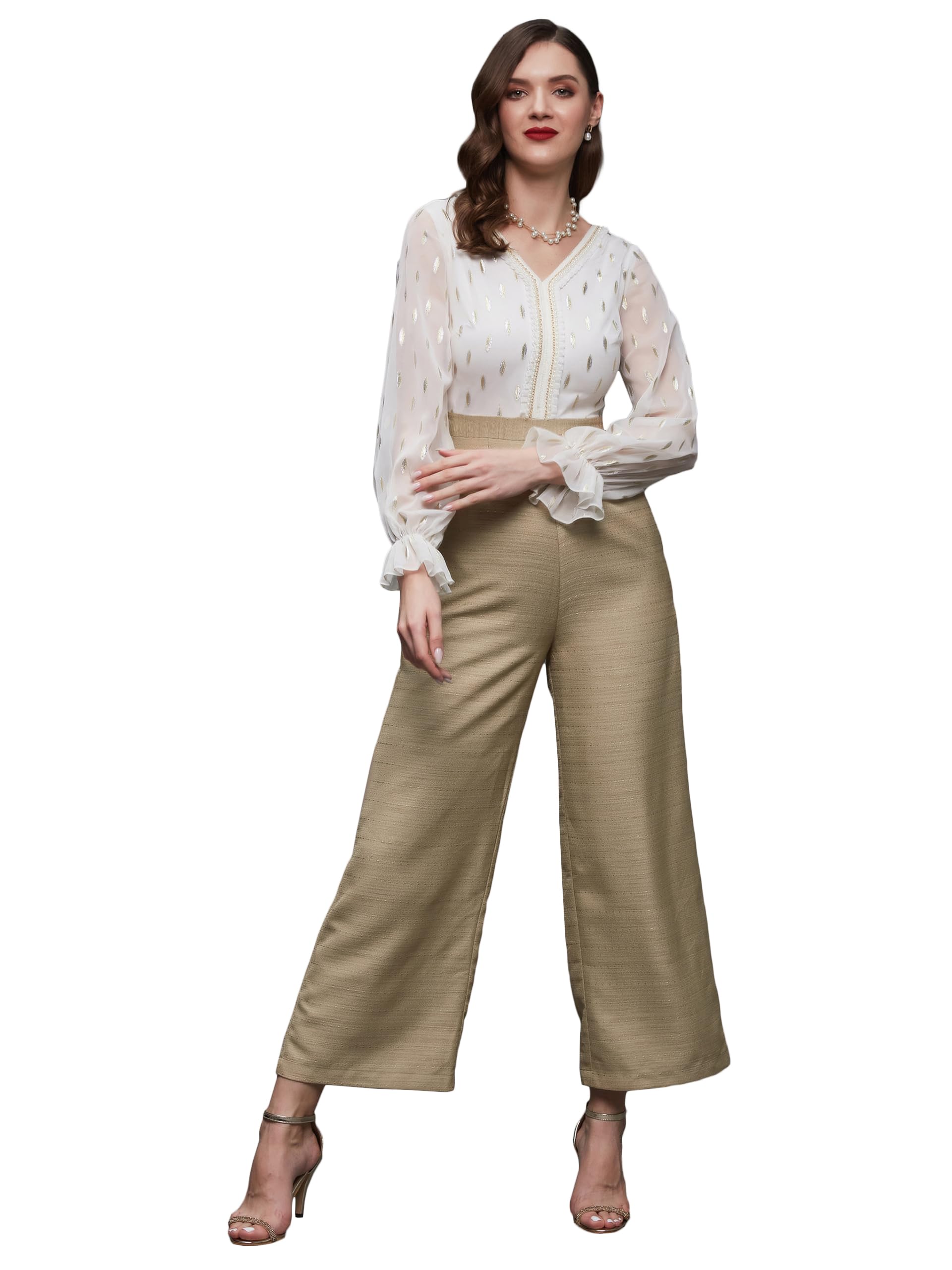 Miss Chase Womens V-Neck Bishop Sleeve Self Design Frilled Polyester Jumpsuit (MCSS23D15-88-308-06, Off White & Beige, XL)