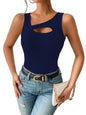 Sugathari Womens Navy Blue Cut Out Asymmetrical Neck Rib Knit Jeans Korean Trendy Tank Western Tops for Women Stylish (T-Shirt