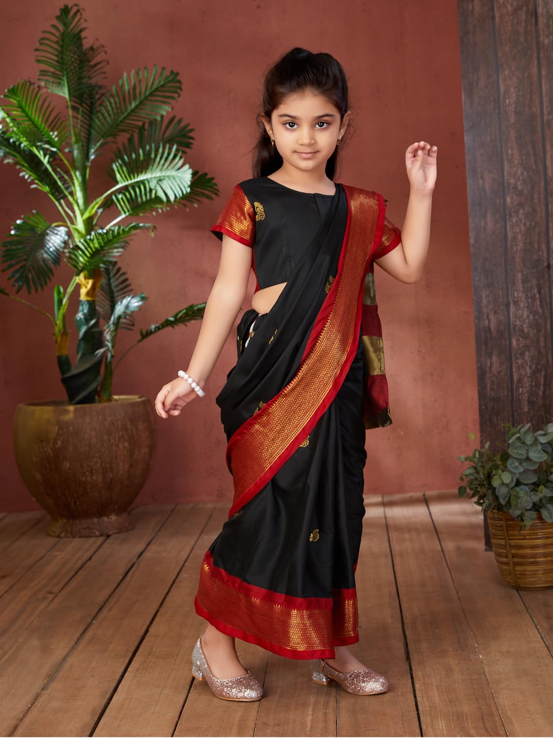 Aarika Girls Ethnic Wear Black Colour Kajol Silk Saree (3-9 Years)