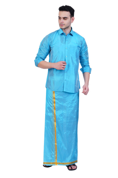 Prakasam Cotton-Mens Art Silk Wedding Set/Art Silk 8 Mulam (8-Yard) Dhoti And Stitched Half Sleeve Shirt