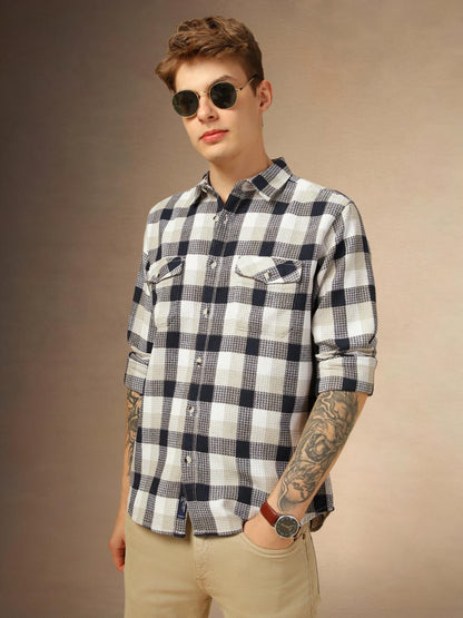 Dennis Lingo Men Relaxed Fit Cotton Full Sleeves Checks Casual Shirts Navy Blue