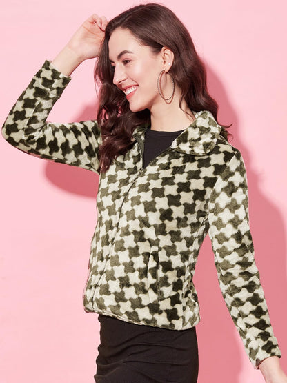 Modeve Full Sleeve Self Design Women Jacket-Olive